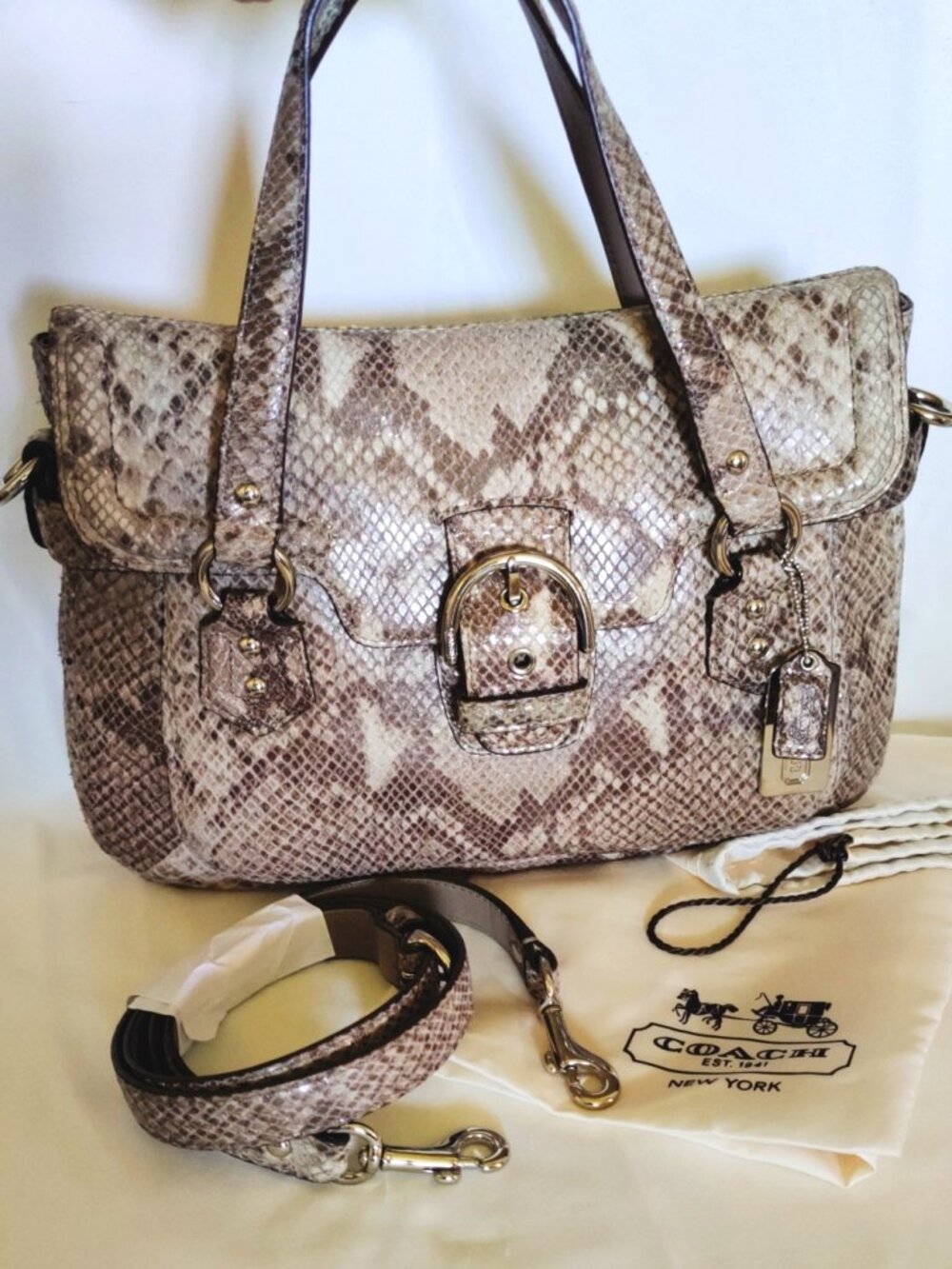 Coach Soho Snakeskin Embossed Leather Campbell Flap Satchel in Gray/Taupe, EUC